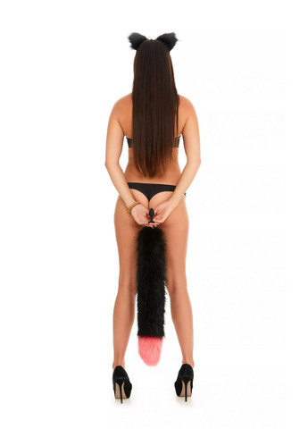 Анальный меховой хвост без пробки, Черный с ярко-розовым кончиком, 60 см. OKOVA (315148819)