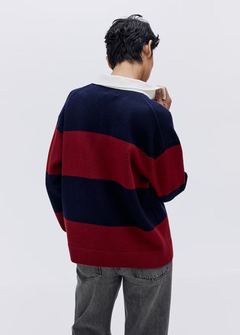 Темно-красная женская футболка-поло H&M в полоску