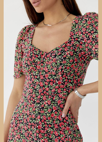 Черное вечернее платье меди с разрезом в цветочный принт – зеленый цвет, s (sku_2357) No Brand с цветочным принтом