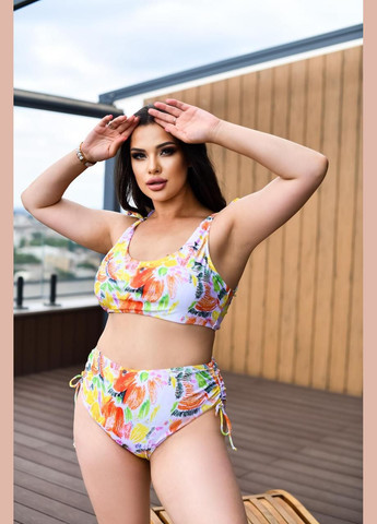 Білий літній купальник sw1406 (жовтий малюнок) роздільний Ghazel