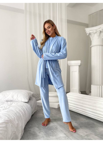 Блакитна всесезон велюровий домашній комплект трійка Fashion