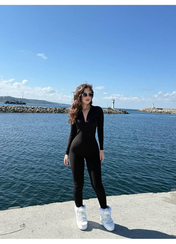 Жіночий комбінезон No Brand комбінезон-брюки однотонний чорний спортивний, повсякденний, кежуал, домашній дайвінг