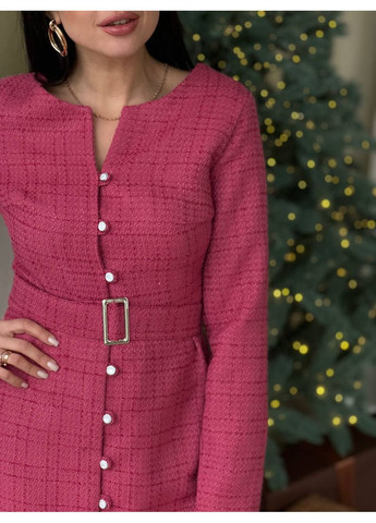 Фуксиновое (цвета Фуксия) праздничный, коктейльное, вечернее платье из твида «шанель» в длине меди с длинным рукавом No Brand