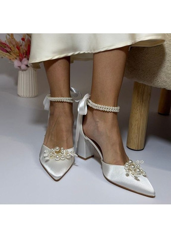 No Brand Женские туфли Свадебные атласные ремешком с жемчугом и брошью жемчуг цветок (снимается) 7,5 см белый з текстиль, — (351394638)