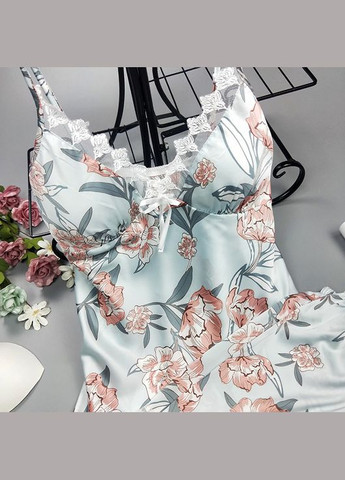 Бірюзова жіноча піжама в квітковий принт, прикрашена мереживом No Brand