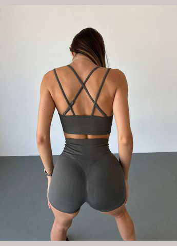 Спортивный костюм (топ на бретелях и шорты) с пуш-ап эффектом темно-серого цвета, размер S Trends (330757115)