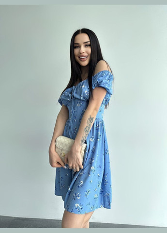 Голубое повседневный платье женское Гермес с цветочным принтом