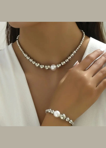 Набір прикрас у стилі шик: кольє та браслет, перлами, колір хром із перлами No Brand (311222700)