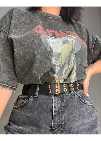 Футболка жіноча E-F 8089 варена тай дай оверсайз з малюнком собаки далматинець темно сіра No Brand - (319315329)