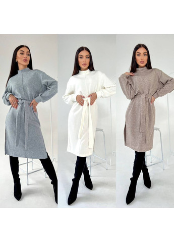 Бежевое платье турецкое двухстороннее ангора пояс в комплекте No Brand