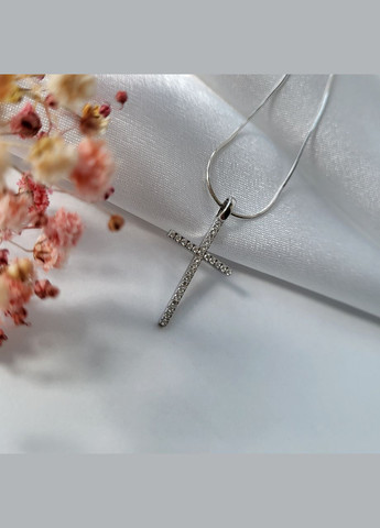 Серебряный прямой крестик Крест с Белыми камнями серебро 925 пробы Родированное 991 0.89г No Brand (306741186)