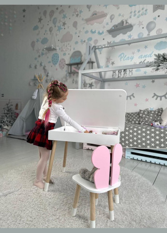 Детский столик и стульчик белый. Столик с ящиком для карандашей и раскрасок No Brand (323223389)
