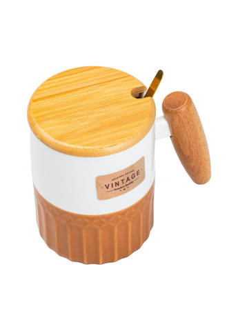 Чашка керамическая 400 мл Vintage с бамбуковой крышкой и ложкой, оранжевый с белым. No Brand HP7204BR (298915559)