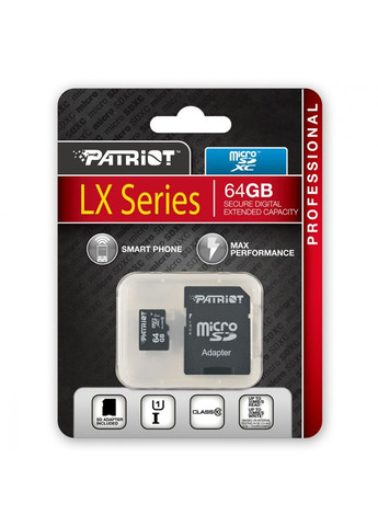 Карта памяти microSDXC (UHS-1) 64Gb class 10 (adapter SD) (PSF64GMCSDXC10) Patriot LX Series (372681341)