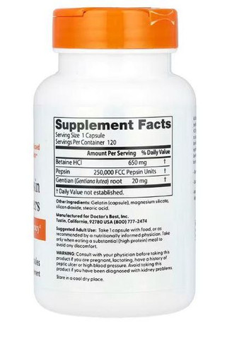 Бетаина гидрохлорид и пепсин, 120 капсул Doctor's Best (365986957)