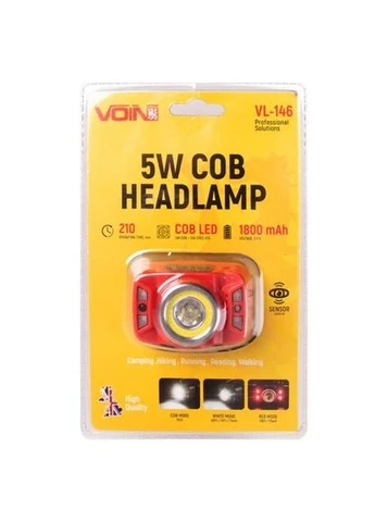 Фонарь налобный VL-146, 5W-COB+(W/R)+5W XPE/АКБ1800mAh/регул. наклона/сенсор VOIN (386226283)