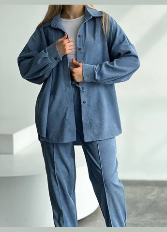 Шикарный синий качественный костюм двойка (рубашка+штаны) из микро-вельвета идеально подходящий для прогулки вечером No Brand 082-1 (285785927)