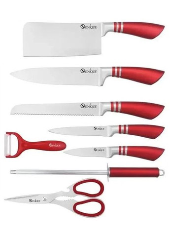 Набор ножей для кухни на 9 предметов с ножницами и овощечисткой красный (2075750404) Unique UN-1832 красные, пластик, нержавеющая сталь