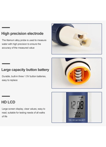 Цифровий 5-в-1 тестер pH/TDS/EC/Salinity/Temperature EZ-9909 з підсвічуванням і захистом від вологи IP67 Yieryi (351391563)