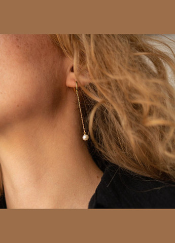 Сережки - кільця Перлина на ланцюжку у жовтому золоті с08356 Oniks (264644687)