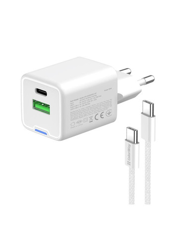 Сетевое зарядное устройство GaN Mini 20W PD Port PPS USB (Type-C PD + USB QC4.0) White (CW-CHS062PDC-WT) + кабель Type-C Colorway (364860947)