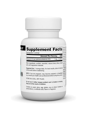 Вітамін B12, 1 мг, Гідроксокобаламін, смак вишні, Hydroxocobalamin,, 60 таблеток Source Naturals (326055281)