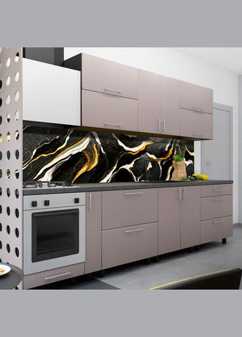 Панель на кухонный фартук жесткая черный мрамор с золотом и белым, на двухстороннем скотче 68 х 305 см, 2 мм Декоинт (278289155)