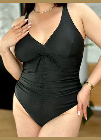 Чорний літній стильний купальник із збірка на животі суцільний No Brand