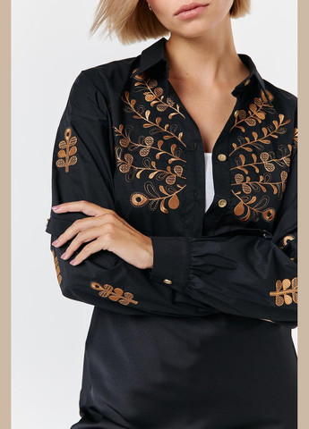 Черная демисезонная женская рубашка с широкими рукавами и вышивкой черно-бронзовая 4134-2 Modna KAZKA