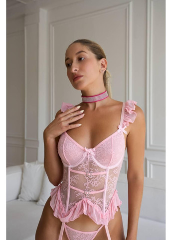 Рожевий демісезонний мереживний корсет із трусиками / еротичний комплект білизни з підв’язками / ніжний жіночий сатиновий сет 💗 No Brand
