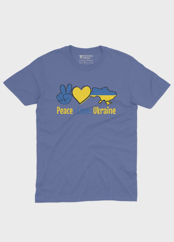 Темно-блакитна літня жіноча футболка odno з патріотичним принтом peace love ukraine m (ts001-2-dmb-005-1-040-f) Modno