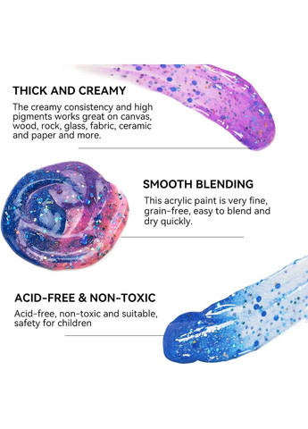 Акрилові фарби з блискітками для малювання Acrylic glitter набір 8 кольорів 22 ml. Art Rangers (322772743)