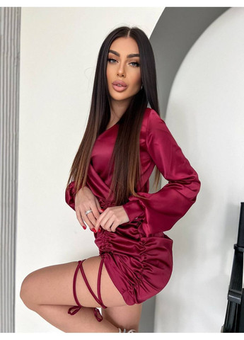 Бордова кежуал сукня з атласної тканини з куліскою силуетна Adelante однотонна