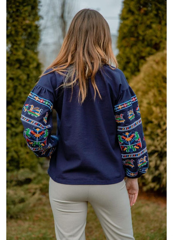 Синя жіноча вишиванка темно-синя з кольоровою гладдю та орнаментом у вигляді птахів і символів, m льон (301034972)