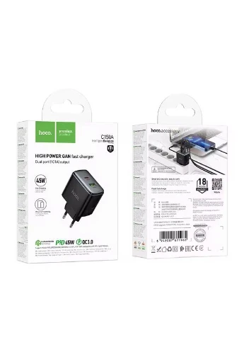 Зарядный адаптер C158A PD 45W USB-C + USB-A | Быстрая зарядка для телефона, планшета и ноутбука Hoco (394714405)