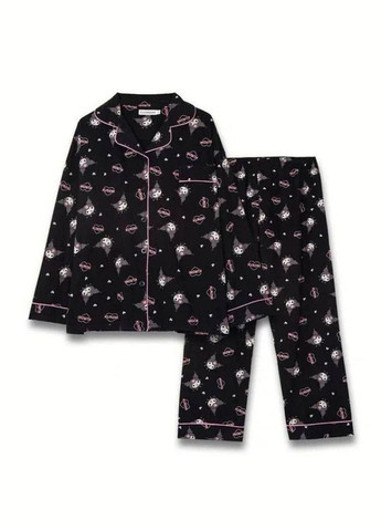 Чорна всесезон піжама для дівчат kuromi підліткова брючна піжама рожевий кант сорочка та штани у класичному стилі сорочка + брюки No Brand Піжама