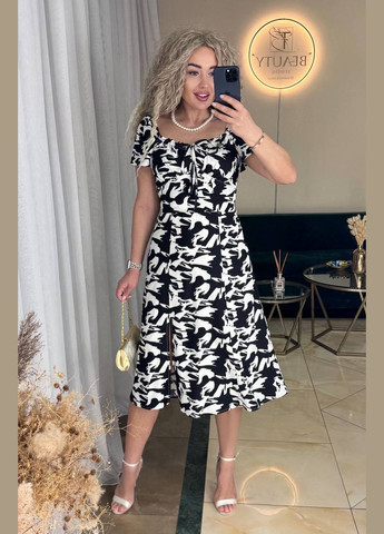 Черно-белое повседневный, праздничный стильное женское платье с завязками силуэтная Style Point с абстрактным узором