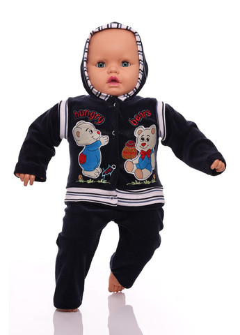 Чорний зимній костюм з довгим рукавом для хлопчика велюровий з ведмедиками чорний 74 см (26674) BABYKROHA