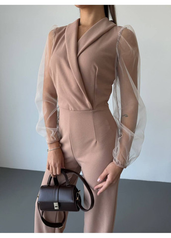 Комбінезон жіночий елегантний Style Point комбінезон-брюки однотонний бежевий святковий, діловий, кежуал креп-дайвінг