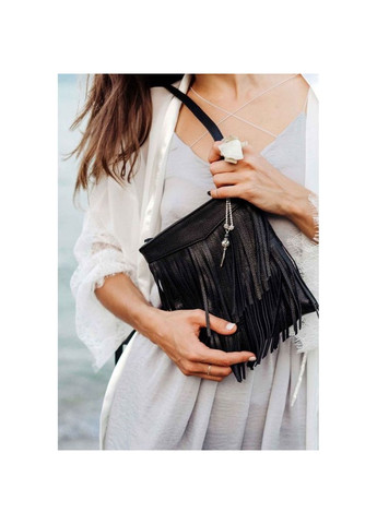 Шкіряна жіноча сумка з бахромою міні-кроссбоді Fleco чорна (A-026291) BlankNote кросс-боди (327874353)