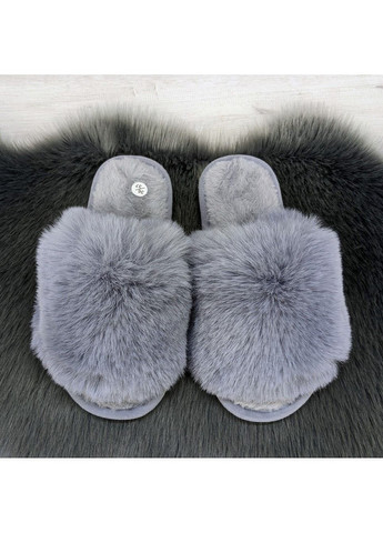 Серые тапочки меховые женские с открытым носком Fashion