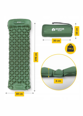 Коврик (каримат) надувной 190 x 58 x 5 см со встроенным насосом Navy Green (P-5905973400909) Mountain Goat (303723263)