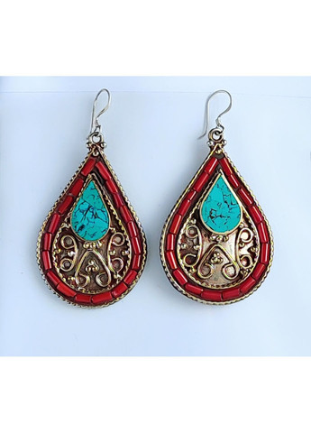Мельхиоровые непальские серьги восточные в форме капли с бирюзой и кораллом No Brand (364202259)