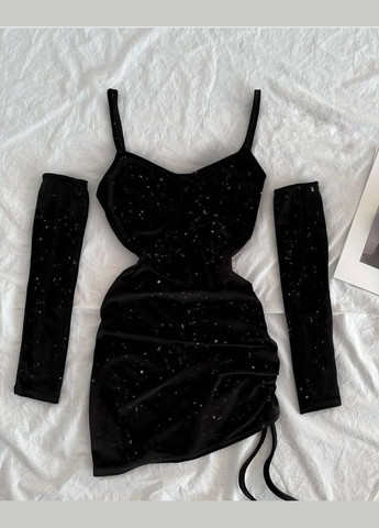 Чорна святковий, коктейльна, вечірня міні сукня з рукавицями No Brand однотонна