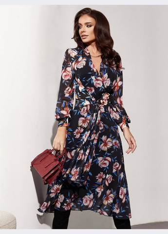 Черное праздничный шифоновое платье с цветочным принтом и лифом на запах черное клеш Dressa с цветочным принтом