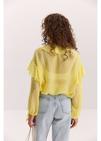 Жовта шифонова блуза з відкладним коміром і рюшами шоколадна в крапки Arjen