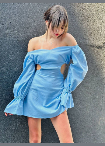 Блакитна коротка блакитна літня сукня з відкритою спиною з якісного турецького льону, сукня з довгим рукавом та відкритим декольте No Brand