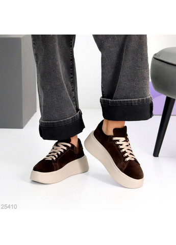 Темно-коричневі кеди жіночі lafira з натуральної замші на товщеній підошві, гіркий шоколад No Brand