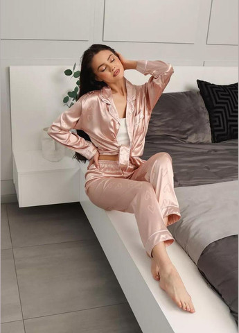 Светло-розовая всесезон женская атласная пижама с сердечками пижамный комплект двойка рубашка и брюки набор для дома с принтом сердечка рубашка + брюки Cindylove