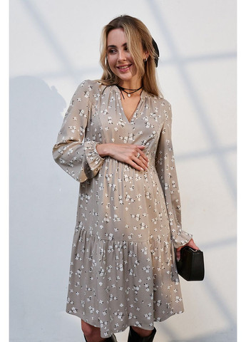 Сіро-бежева вишукана сукня для вагітних та годуючих з квітковим принтом бежева Юла мама з квітковим принтом